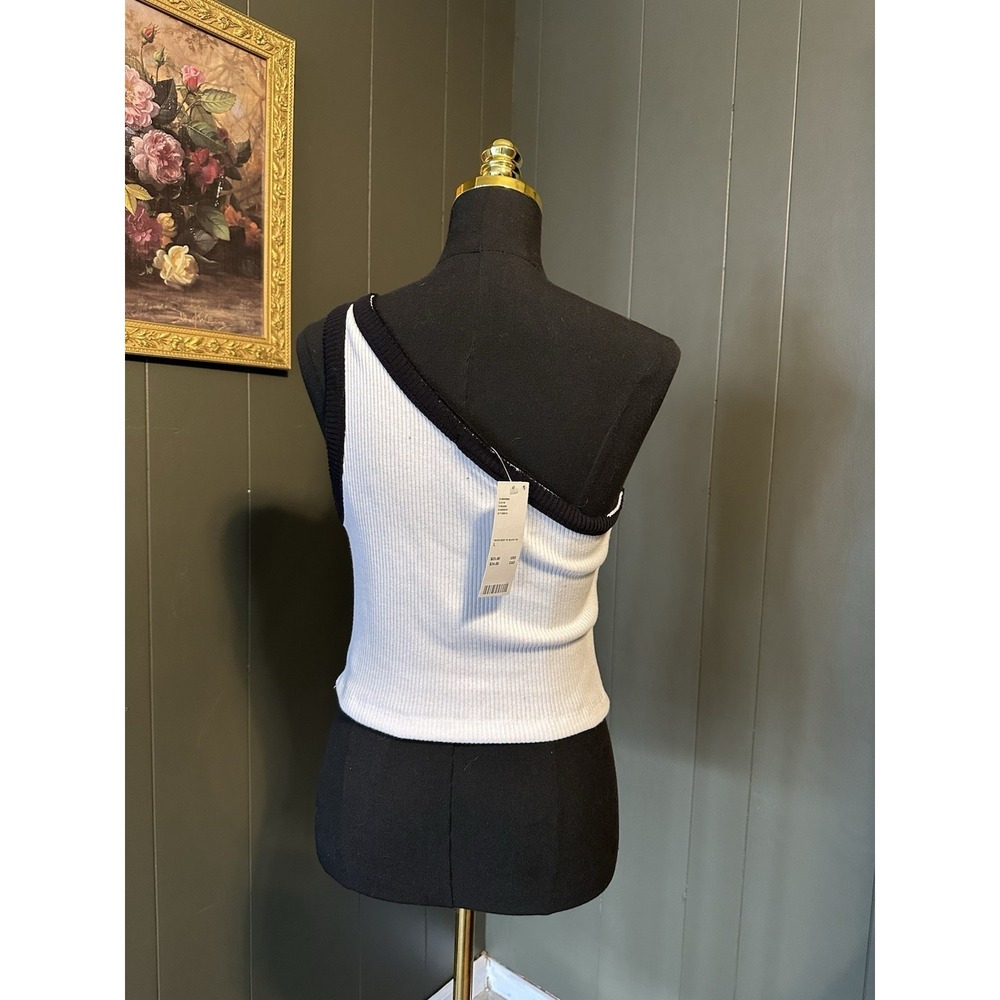 NWT Urban Outfitters One Shoulder Tank Top‎ White Black Ringer Ribbed L Large - Picture 3 of 8